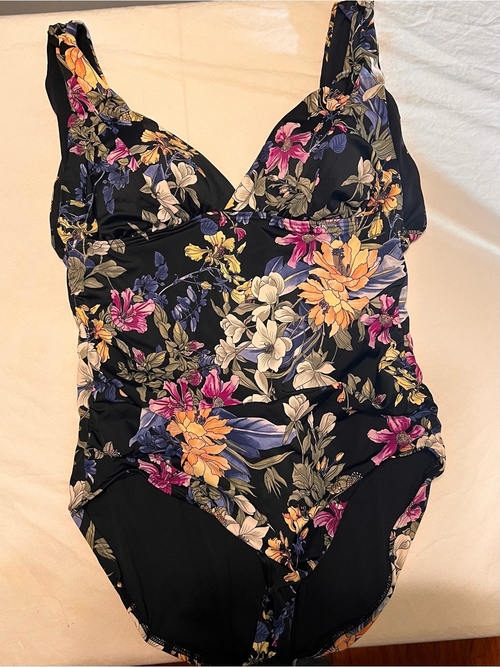 Time and Tru Black baithing suit with Pink and Purple Floral Accents Large 16-18